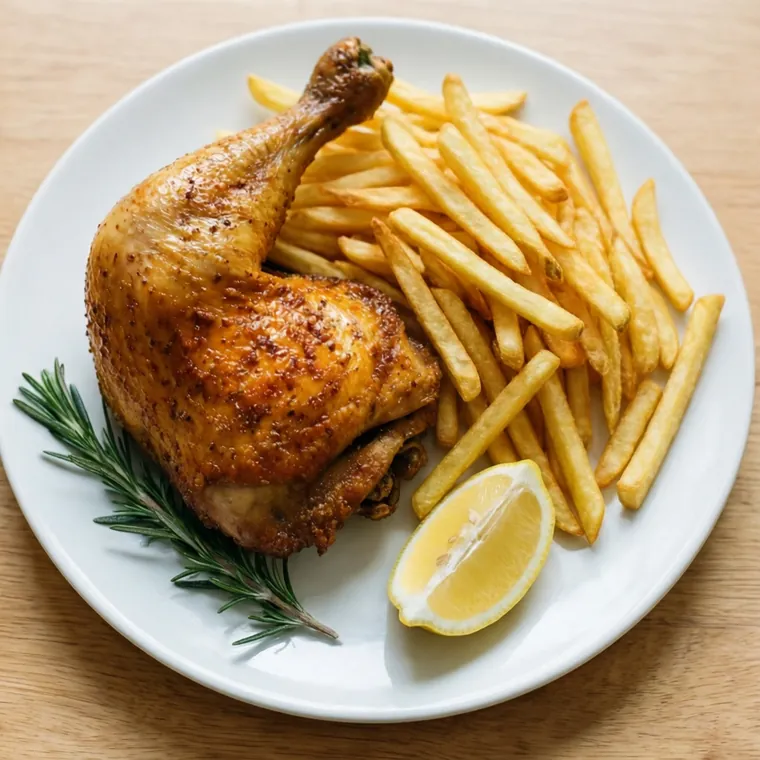 A plate of roast chicken and fries being scanned